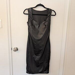 Solid black v neck faux leather Bodycon dress - Size S